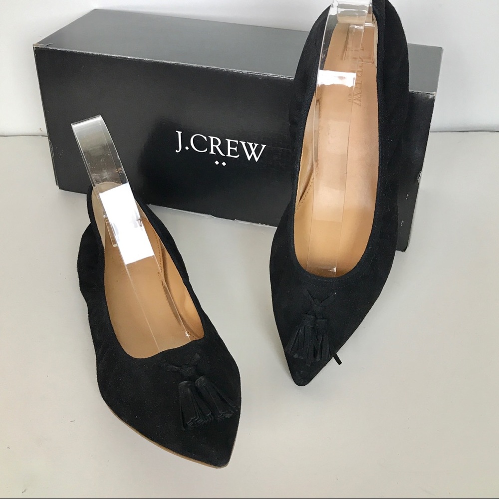 J Crew Suede Tassel Stretch Flats Black sz 8